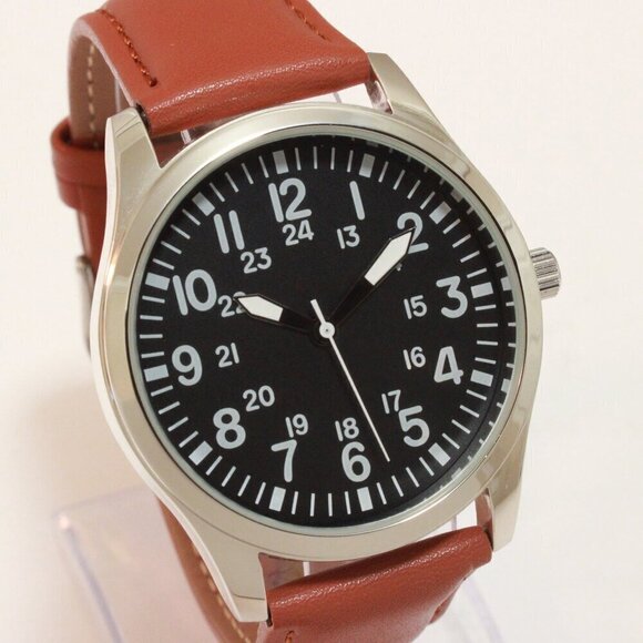 Men's Quartz Field Watch Silver Case Brown Leather Strap 42mm - Picture 5 of 12